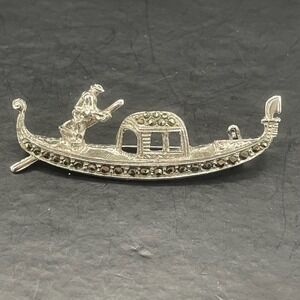 Vintage 800 Silver Venetian Gondola Brooch Marcasite Figural Gondolier Pin Italy